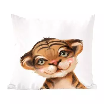 Декоративная подушка MuchoWow, подушка для дивана, декоративная подушка для гостиной, 60 х 60 см, тигр, детский, белый, чехол на подушку, хлопчатобумажная ткань, декоративные чехлы на подушки