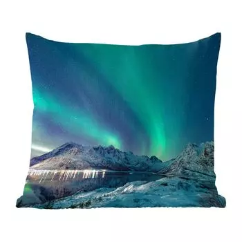 Декоративная подушка MuchoWow, подушка для дивана, декоративная подушка для гостиной, 60 х 60 см, северное сияние - горы - снег - зеленый - звездное небо - зима - чехол на подушку - хлопчатобумажная ткань - декоративные наволочки