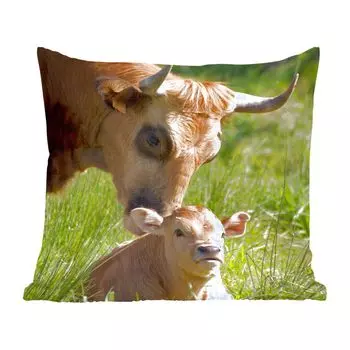 Декоративная подушка MuchoWow, подушка для дивана, декоративная подушка для гостиной, 60 х 60 см, корова, трава, рог, теленок, чехол на подушку, хлопчатобумажная ткань, декоративные чехлы на подушки