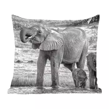 Декоративная подушка MuchoWow, подушка для дивана, декоративная подушка для гостиной, 60 x 60 см, семейство слонов у воды в черно-белых тонах - чехол на подушку - хлопчатобумажная ткань - декоративные чехлы на подушки