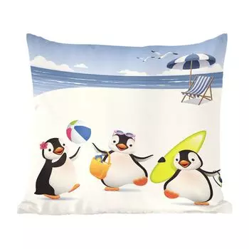 Декоративная подушка MuchoWow, подушка для дивана, декоративная подушка для гостиной, 60 x 60 см, иллюстрация трех пингвинов, играющих на пляже - чехол на подушку - хлопчатобумажная ткань - декоративные чехлы на подушки