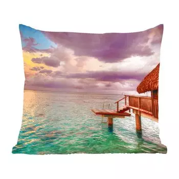 Декоративная подушка MuchoWow, подушка для дивана, декоративная подушка для гостиной, 60 х 60 см, бунгало с закатом на острове Моореа - чехол на подушку - хлопчатобумажная ткань - декоративные наволочки