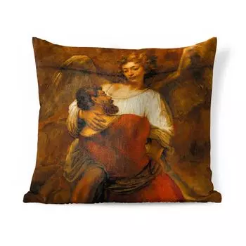 Декоративная подушка MuchoWow, подушка для дивана, декоративная подушка для гостиной, 60 х 60 см, Борьба Якоба с ангелом - картина Рембрандта ван Рейна - чехол на подушку - хлопчатобумажная ткань - декоративные чехлы на подушки