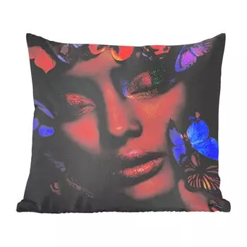 Декоративная подушка MuchoWow, подушка для дивана, декоративная подушка для гостиной, 60 х 60 см, женщина - тени для век - бабочки - чехол на подушку - хлопчатобумажная ткань - декоративные наволочки