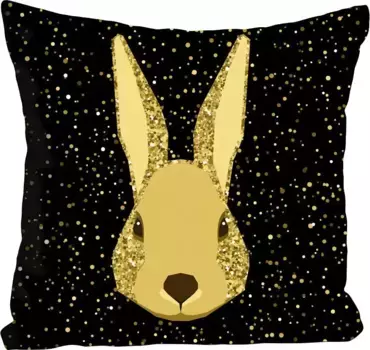 Декоративная подушка Queence "Арес", с кроликом в космосе, чехол без наполнения, 1 шт 40х40 см, цвет goldstaub/schwarz + bedruckt