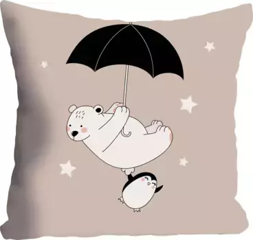 Декоративная подушка Queence "Белый Медведь и Пингвин", чехол без наполнения, 1 шт 40х40 см, бежевый/белый/черный