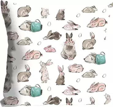 Декоративная подушка Queence "Цезарь", с зайками в кофейных чашках, чехол без наполнения, 1 шт 40х40 см, белый/коричневый