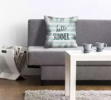 Декоративная подушка Queence "Hello Summer", с надписью и пальмами, чехол без наполнителя, 1 шт 40х40 см, синий