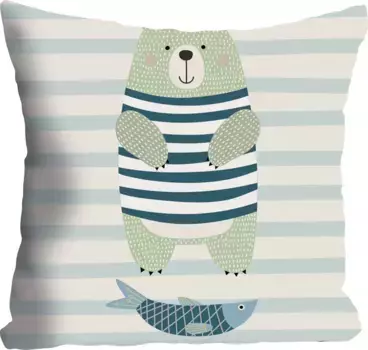 Декоративная подушка Queence "Мишка и Рыбка", чехол без наполнителя, 1 шт 40х40 см, цвет altwei/hellblau/blau/hellgrn + gestreift-bedruckt