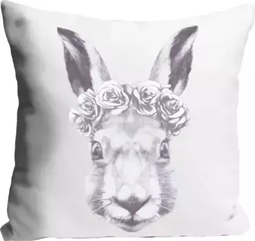 Декоративная подушка Queence "Океан", с кроликом и цветочным венком, чехол без наполнения, 1 шт 40х40 см, серый