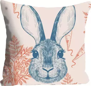 Декоративная подушка Queence "Путу", с дружелюбным зайчиком, чехол без наполнения, 1 шт 40х40 см, оранжевый/синий