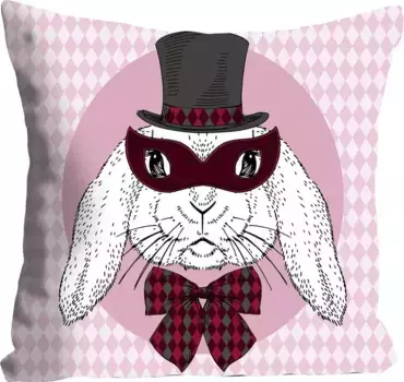 Декоративная подушка Queence "Зайка Холмс", с кроликом-детективом, чехол без наполнения, 1 шт 40х40 см, красный/розовый