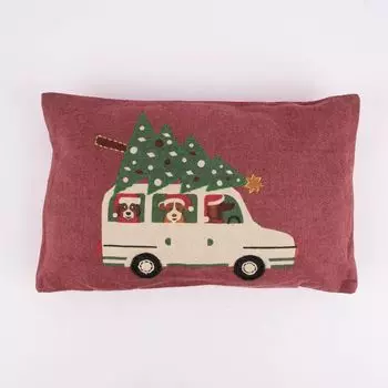 Декоративная подушка в виде машины «Елка и собаки» из фетра красного, кремового, зеленого цвета 3 Stof