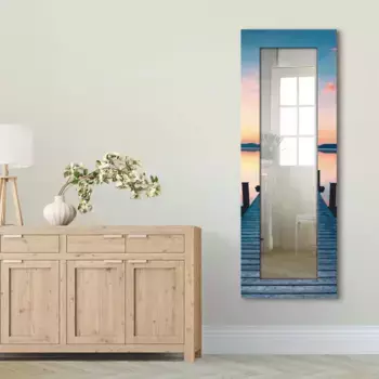 Декоративное зеркало Artland "Длинный пирс у озера в восходе солнца", зеркало в полный рост в раме, настенное зеркало, с мотивной рамой, загородный дом 50,4х140,4х1,6 см, синий