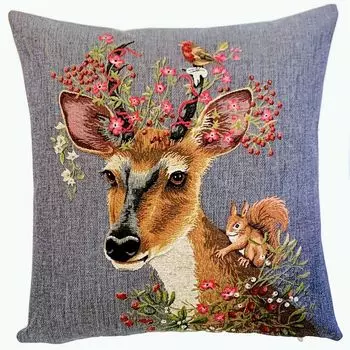 Декоративный жаккардовый гобеленовый чехол на подушку из Бельгии олень и белка серый ручной работы 45 х 45 см Yapatkwa