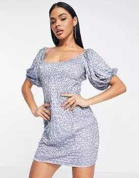 Декорированное платье мини с пышными рукавами ASOS DESIGN в дымчато-голубом цвете