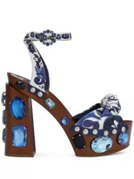 Декорированные босоножки на танкетке с принтом Majolica DOLCE & GABBANA, синий