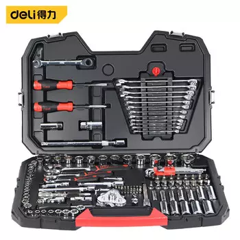 Deli 120 + 8 шт., серия 6,3 10 12,5 мм, комплексный набор для ремонта автомобилей, ключ с храповым механизмом, ящик для инструментов DQ01128
