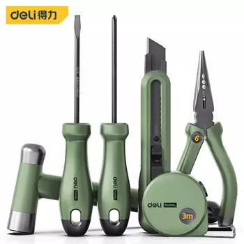 Deli National Home Home Series Набор бытовых ручных инструментов из 6 предметов. Плоскогубцы с острыми носами. Молоток. Универсальный нож. Рулетка. Набор отверток. Qingya Green HT0006L.