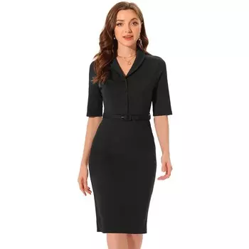 Деловое повседневное платье для женщин Платье-футляр с шалевым воротником и половиной рукавов ALLEGRA K, черный
