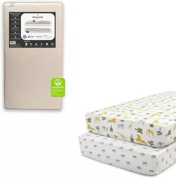 Delta Children Beautyrest Beginnings Sleepy Whispers Ultra Deluxe Детская кроватка 2-в-1 с пружинами и матрасом для малышей Простыни для кроватки для девочек и мальчиков (2 шт. в упаковке), Safari Friends (Комплект), Safari Friends