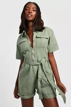 Деним комбинезон с поясом Boohoo, хаки