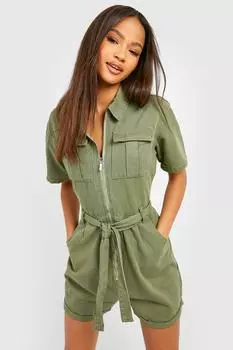 Деним комбинезон с поясом Boohoo, хаки