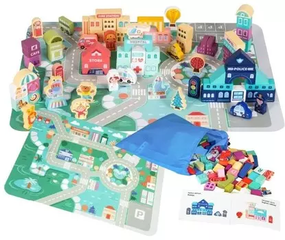 ДЕРЕВЯННЫЕ БЛОКИ + ДОРОЖНЫЙ КОВрик набор кубиков в ведре CITY CARS автомобили ms.MA802 PakaNiemowlaka