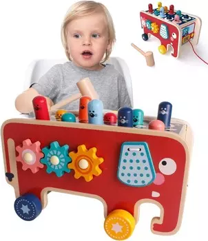 ДЕРЕВЯННЫЙ ОБРАЗОВАТЕЛЬНЫЙ СОРТИРОВЩИК КУБИКОВ СЛОН МОНТЕССОРИ Съемник Дырокол Деревянный пестик Молоток Inna marka