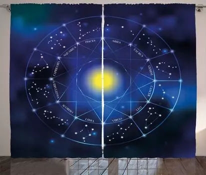 Деревенская штора ABAKUHAUS Constellation, круг со знаком зодиака Солнце, универсальные ленточные шторы для гостиной с петлями и крючками, 280 x 260 см, светло-голубой, индиго-желтый