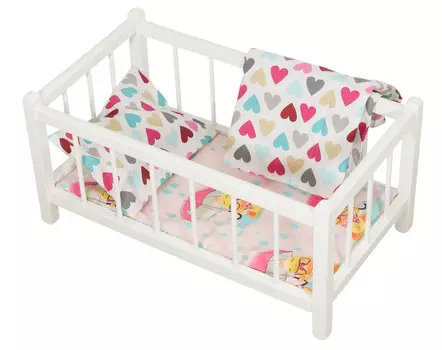 Деревянная кукольная кровать БЕЛАЯ с матрасом и постельным бельем - игрушка для детей. PEEWIT