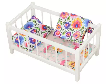 Деревянная кукольная кровать БЕЛАЯ с матрасом и постельным бельем - игрушка для детей. PEEWIT