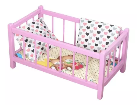 Деревянная кукольная кровать РОЗОВАЯ с матрасом и постельным бельем - игрушка для детей. PEEWIT