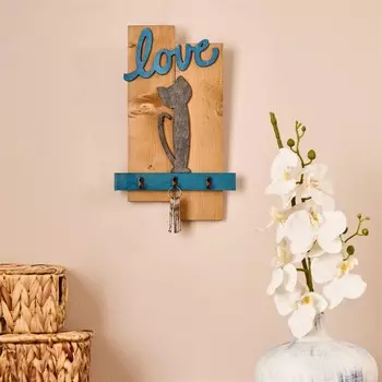 Деревянная шкатулка для ключей с узором «кошка» — разноцветная — 33 см Tahta Dekor