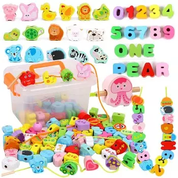 Деревянные кубики, бусины, для продевания, животные, алфавит, цифры, дорожные знаки, игрушка Монтессори. Doris