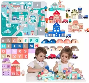 Деревянные кубики С КОВРИКОМ ГОРОДА Здания Автомобили Номера ВЕДРО MS.HM015220 PakaNiemowlaka