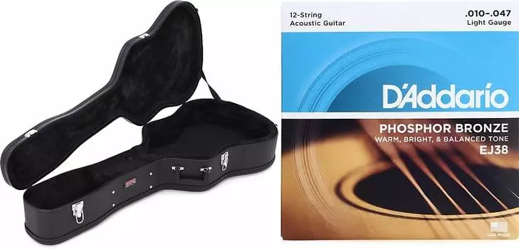 Деревянный кейс Gator Economy — 12-струнный чехол для акустической гитары дредноут в комплекте со струнами D'Addario EJ38 из фосфорной бронзы для акустической гитары — 12-струнные легкие .010–.047 D'Addario + Gator EJ38=1 GWE-DREAD 12=1