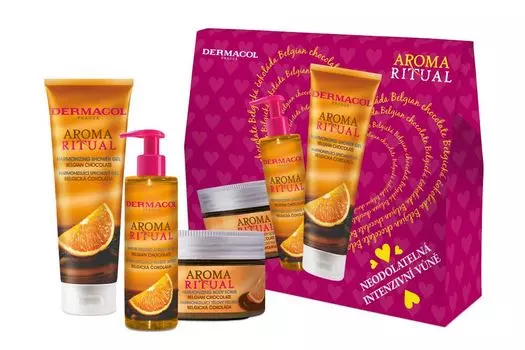 Dermacol Aroma Ritual набор: гель для душа с бельгийским шоколадом, 250 мл + скраб для тела с бельгийским шоколадом, 200 г + жидкое мыло с бельгийским шоколадом, 250 мл