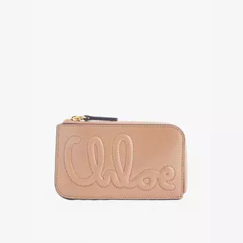 Держатель для карт из золотистой кожи с фирменной вышивкой Chloe, розовый