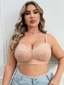 Desire Sculpt Плюс Размер Женский Однотонный Кружевной Лоскутный Беспроводной Бюстгальтер 1 шт Shein, абрикосовый