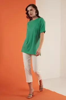 Детальная блузка Oversize с круглым вырезом и разрезом 5863683 Lela, темно-зеленый