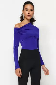 Детальная трикотажная блузка Saks Corset Trendyol, темно-синий