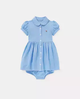 Детка девочка оксфордское хлопковое платье с рубашками поло Polo Ralph Lauren, голубой