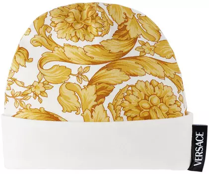 Детская бело-желтая шапка Barocco Beanie Versace