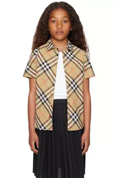 Детская бежевая клетчатая хлопковая рубашка Burberry
