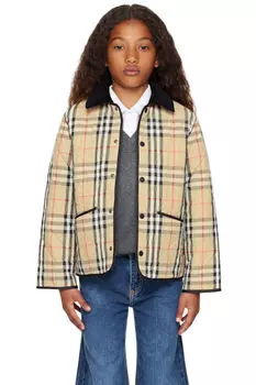 Детская бежевая стеганая куртка в клетку Burberry