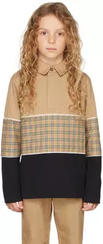 Детская бежево-черная футболка-поло Gerry в клетку Burberry