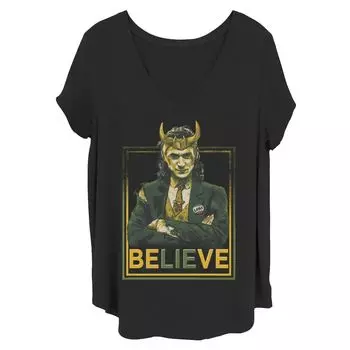 Детская футболка больших размеров с рисунком Marvel Loki BeLIEve и портретом Licensed Character, черный