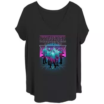 Детская футболка больших размеров «Stranger Things Group Shot» Неоновая футболка с треугольным вырезом и V-образным вырезом с рисунком Licensed Character