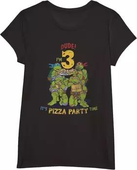 Детская футболка для девочек Teenage Mutant Ninja Turtles I'm 3 Dude Pizza Birthday Party, черный